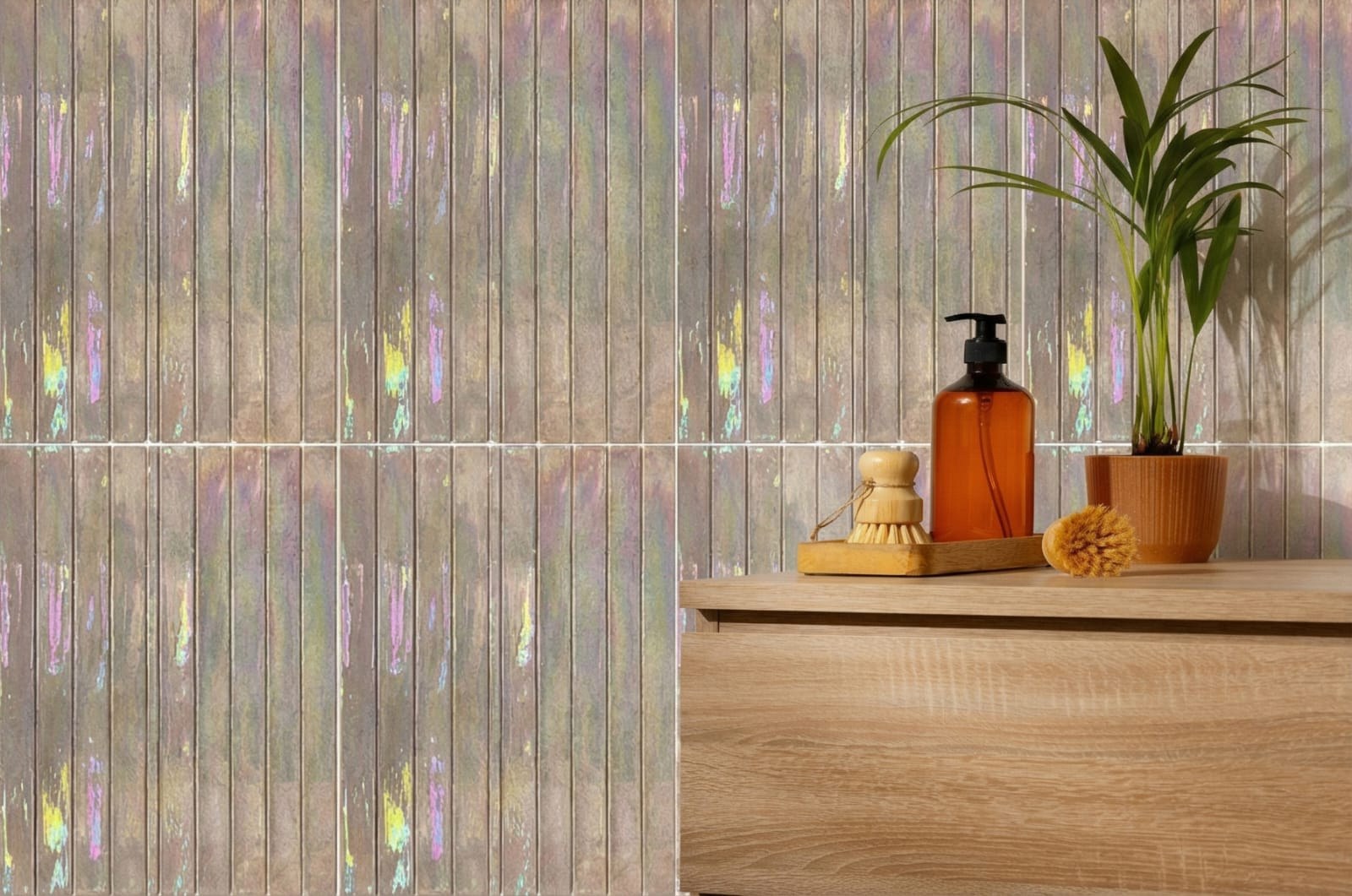 Aura Rosa iridescent tiles behind a bathroom vanity