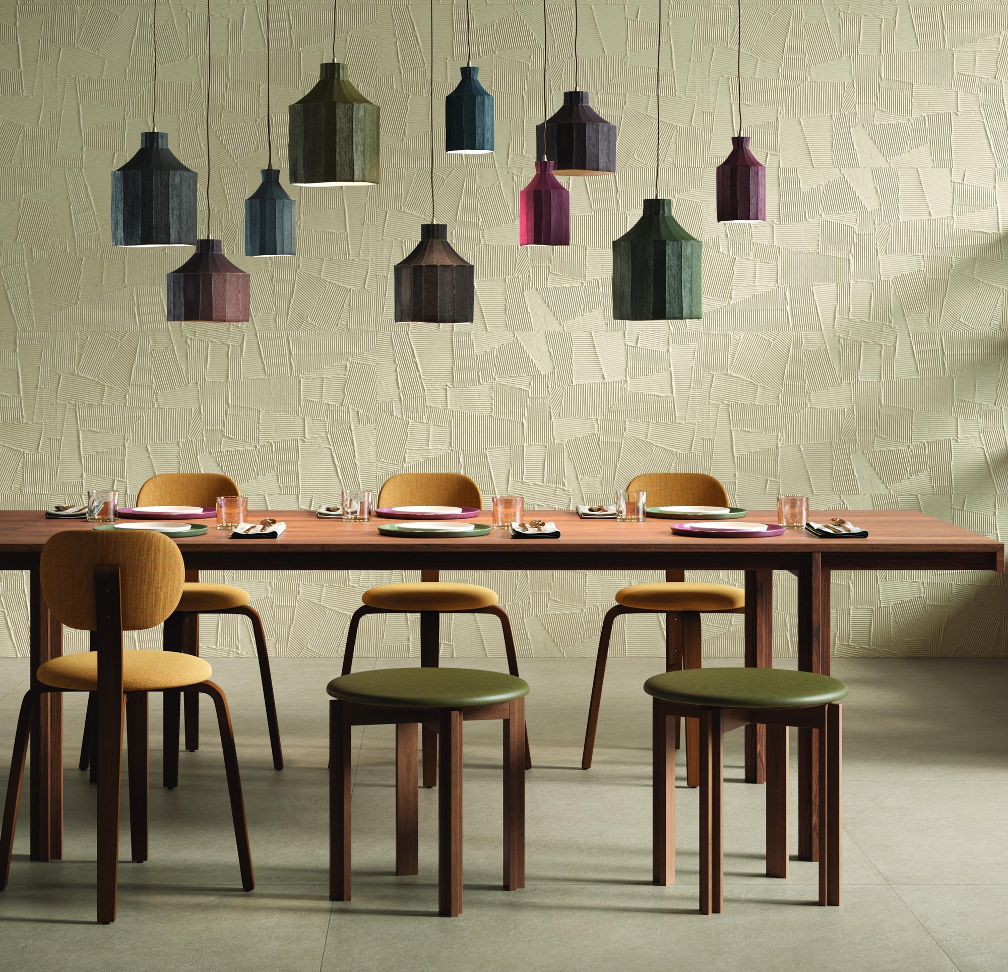 Paper Clay textured tiles in a colourful dining space